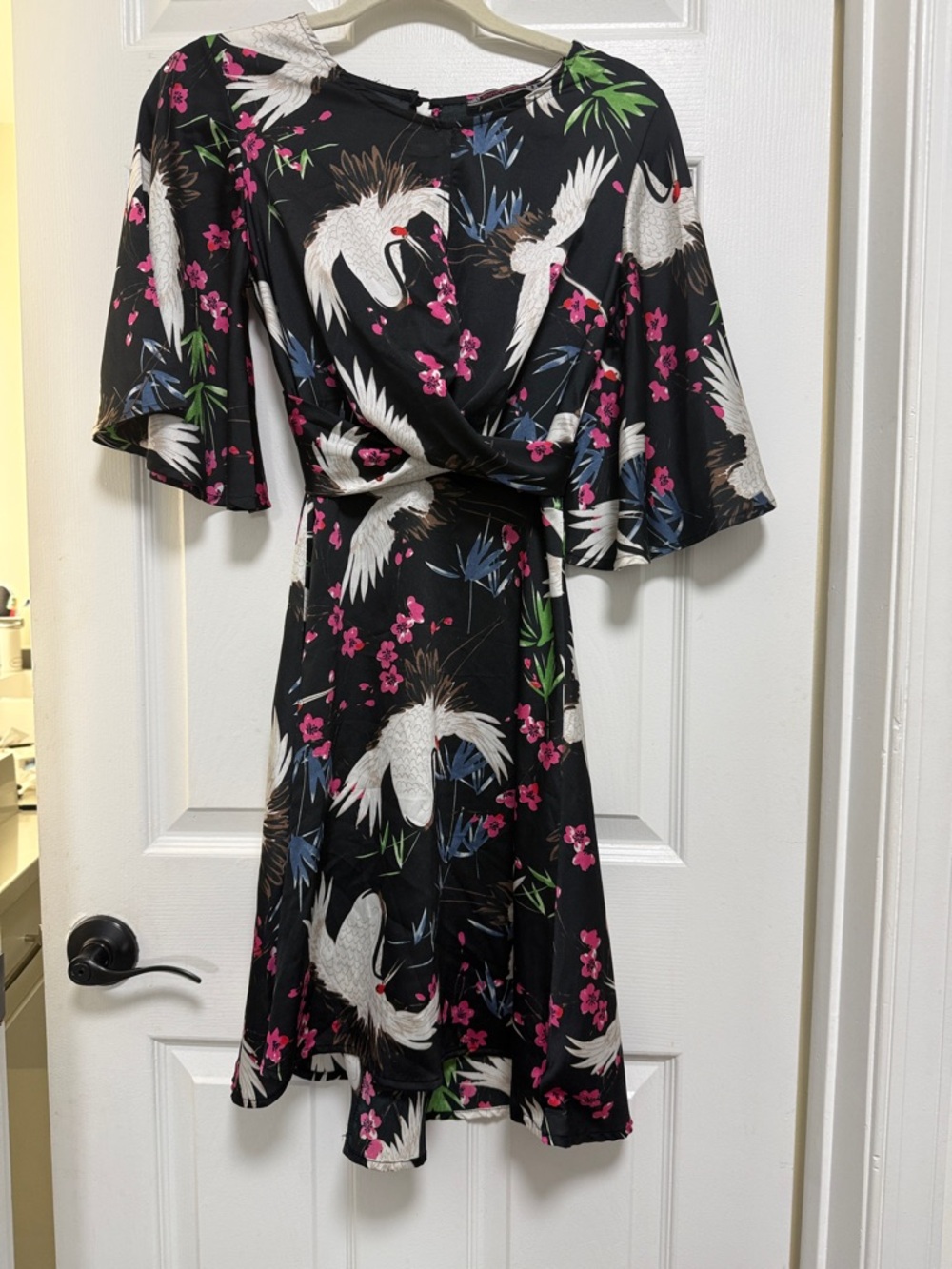 Women's Black Floral & Crane Wrap Dress
